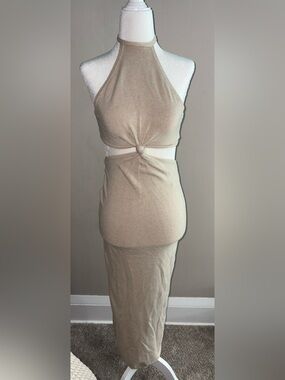 Miou Muse - Beige Knit Cutout Midi Dress with Front Knot